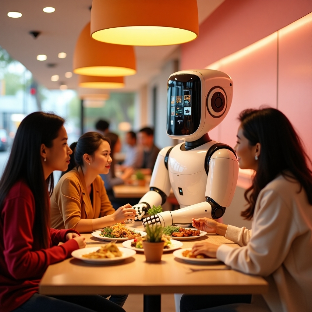 Guests interacting with a service robot in a casual dining restaurant.