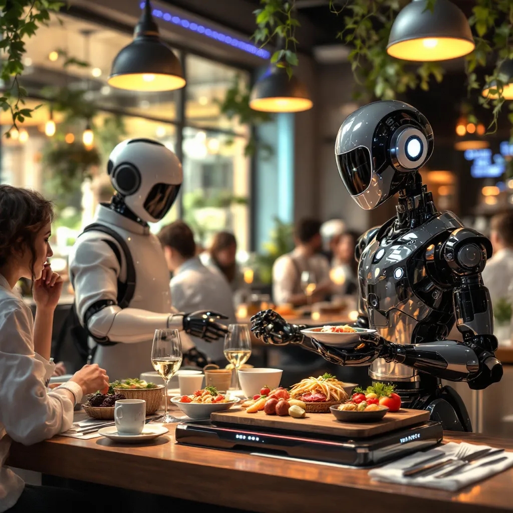 Restaurant manager reviewing ROI data on robotics investment. Title: ROI of Robotics in Restaurants